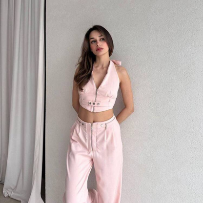 MİLA FERMUARLI SIRT DEKOLTELİ CROP PANTOLON PEMBE TAKIM