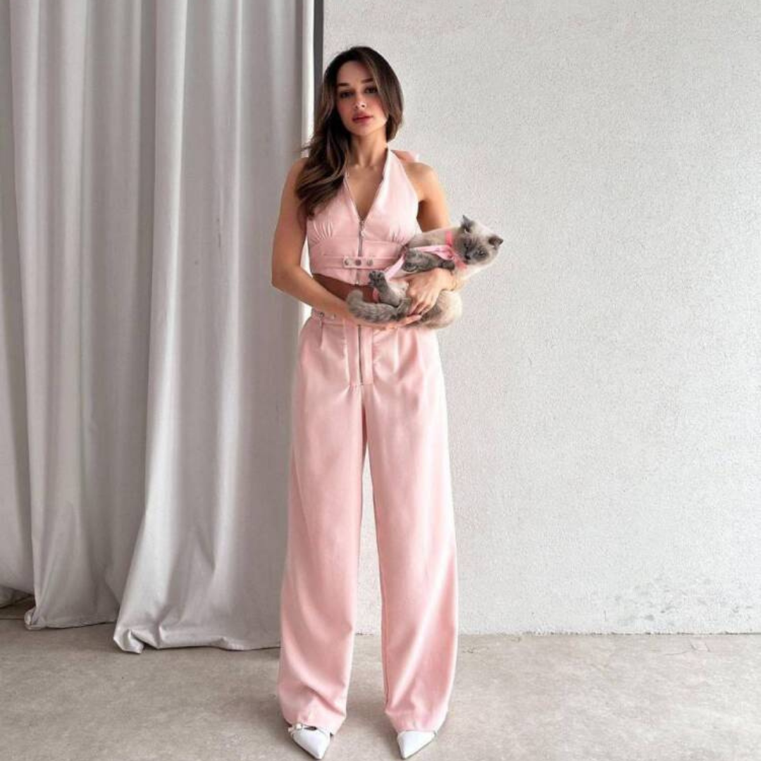 MİLA FERMUARLI SIRT DEKOLTELİ CROP PANTOLON PEMBE TAKIM