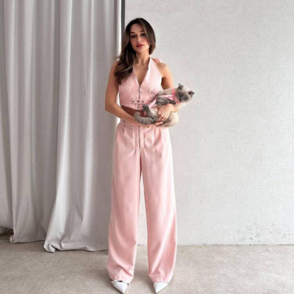 MİLA FERMUARLI SIRT DEKOLTELİ CROP PANTOLON PEMBE TAKIM
