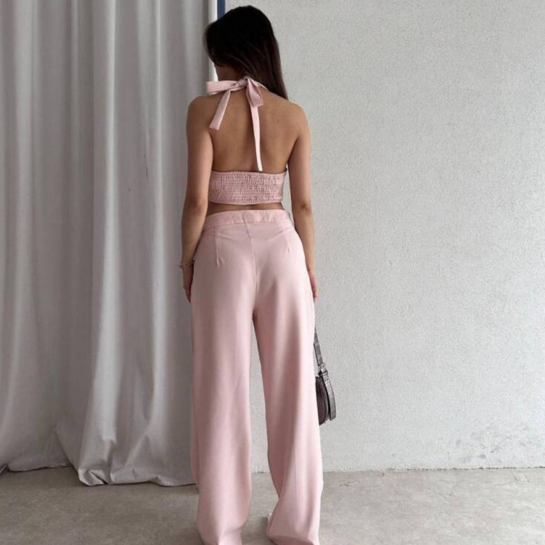 MİLA FERMUARLI SIRT DEKOLTELİ CROP PANTOLON PEMBE TAKIM